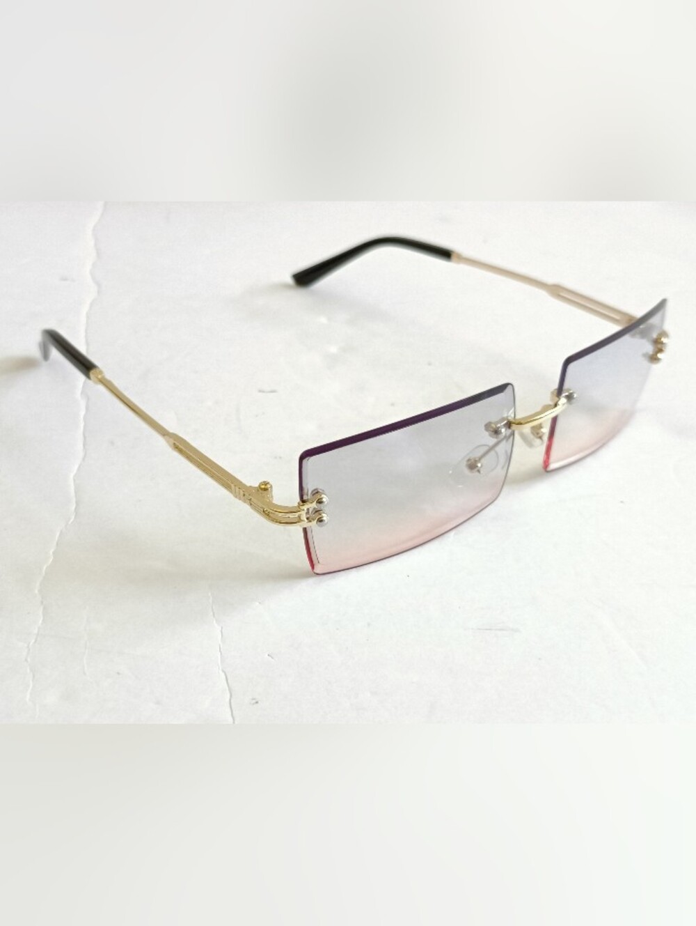Rimless Gradient Square Sunglasses Gold Frame Green and Purple Lenses - Picture 6 of 9